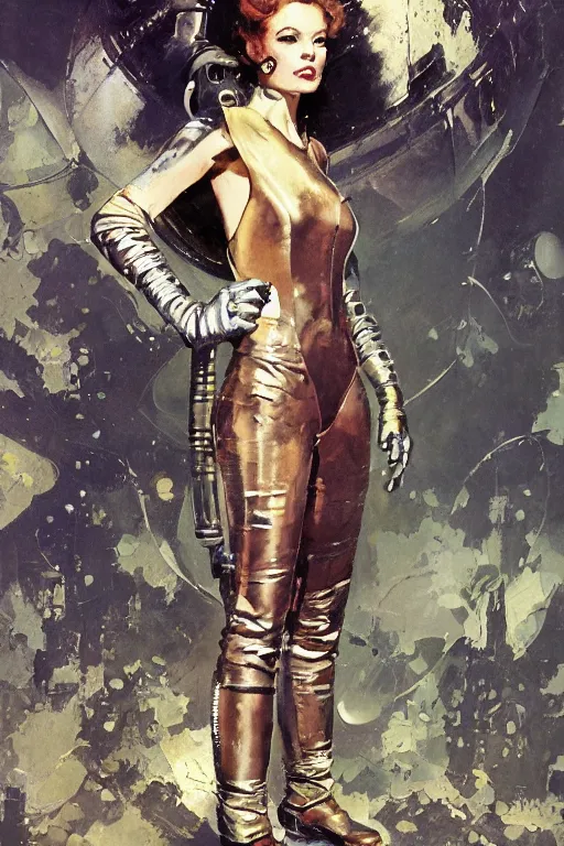 Image similar to pulp scifi fantasy illustration full body portrait of elegant woman wearing leather and metal spacesuit, by norman rockwell, jack kirby, bergey, craig mullins, ruan jia, jeremy mann, tom lovell, 5 0 s, astounding stories, fantasy