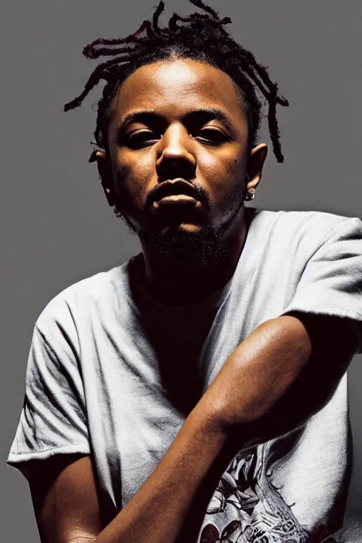 Prompt: kendrick lamar, portrait by wayne barlow