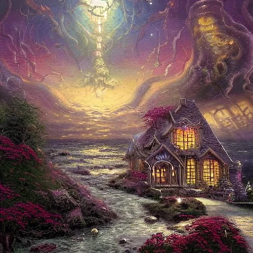 Prompt: Thomas Kinkade painting of eldritch horror , creepy art, dark, cosmic horror, inspired by H. P. Lovecraft