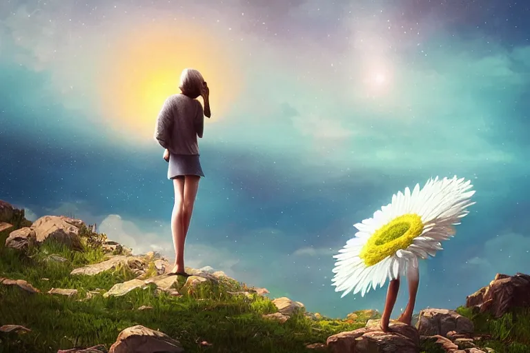 Image similar to giant white daisy flower over head, girl standing on rocky cliff, surreal photography, super nova, milky way, dramatic light, impressionist painting, colorful clouds, digital painting, artstation, simon stalenhag