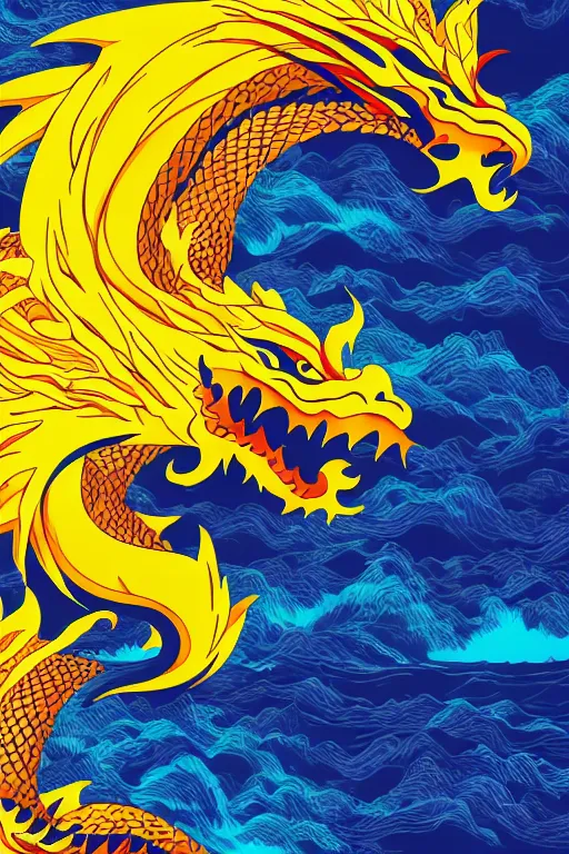 Image similar to Japanese poster art of a Asian dragon in front of a wavy sea during a thunderstorm, adobe illustrator, blue and yellow colour scheme, 4k, abstract design,