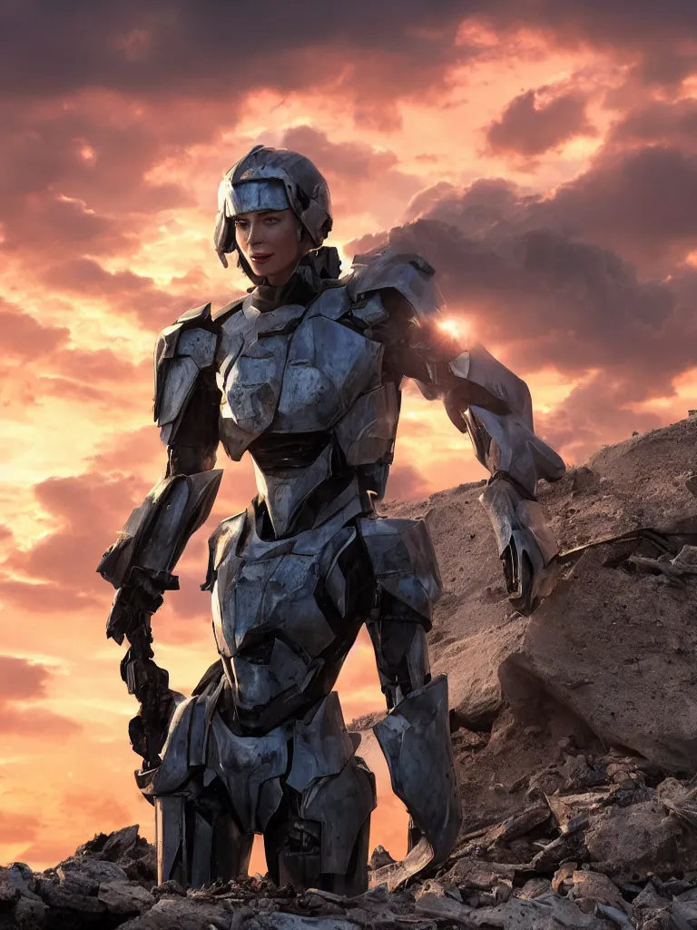 Image similar to emily blunt in futuristic power armor, close up portrait, solitary figure standing atop a pile of rubble, holding a sword on her shoulder, sunset and big clouds behind her