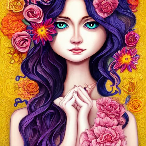 Prompt: portrait of beautiful woman by jeremiah ketner, digital, detailed, textured hair, flowers