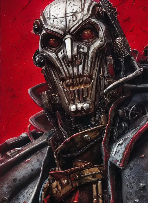 Image similar to portrait of rotten Nicolas Cage as adeptus mechanicus in red hood and robe from Warhammer 40000. Highly detailed, artstation, illustration by and John Blanche and zdislav beksinski and wayne barlowe