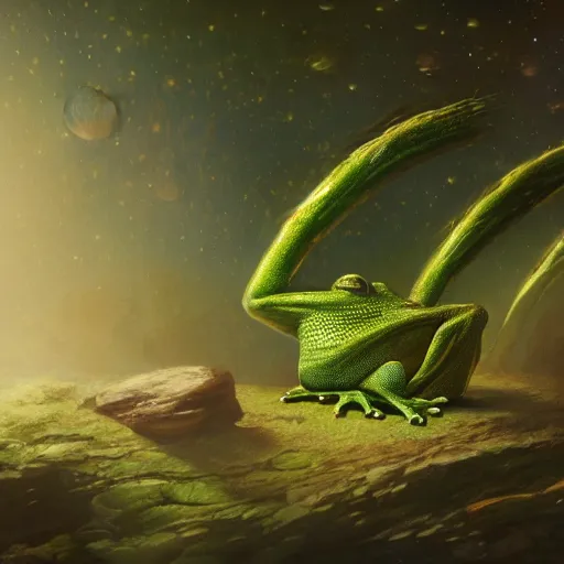 Prompt: long shot of a froggy alien, by esao andrews, by m. w. kaluta, by james web telescope, ultra humorous beautiful oil painting, cinematic space scenery, small depth of field, depth perception, volumetric light, rich colors, 3 d octane render, 8 k, conceptart, hyperdetailed, hyperrealistic, trending on artstation