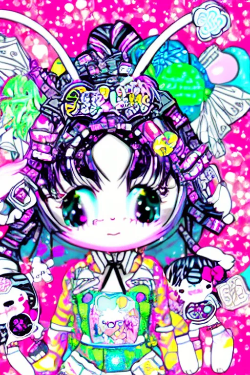 Image similar to cybergoth decora glitchcore yokai girl, sanrio ornaments, pastel cute cinematography