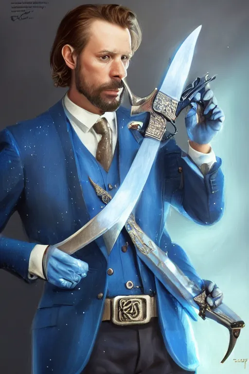 Image similar to a swedish man in a blue suit with a jeweled sword and a pistol, highly detailed, d & d, fantasy digital painting, trending on artstation, concept art, sharp focus, illustration, global illumination, ray tracing, realistic shaded, art by artgerm and greg rutkowski and fuji choko and viktoria gavrilenko and hoang lap