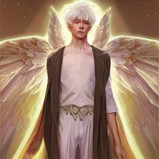 Image similar to harmony of white haired angel yoongi wearing greek clothes, muted colors, sparkles everywhere, big wings, dynamic hair movement, dynamic pose, holographic space, glowing effect, j. c leyendecker, by alan lee, wlop! illustrated by starember, fantasy art by craig mullins