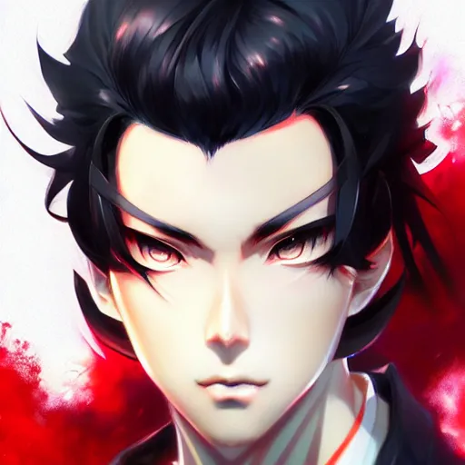 Prompt: anime portrait of a slick black hair guy with red eyes by stanley artgerm lau, wlop, rossdraws, james jean, andrei riabovitchev, marc simonetti, and sakimichan, trending on artstation