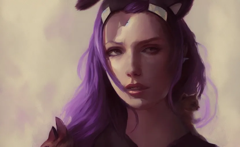 Prompt: a painting of swervy trending on artstation in the style of greg rutkowski, beautiful, sensual, woman with cat, cat ears, purple, portrait