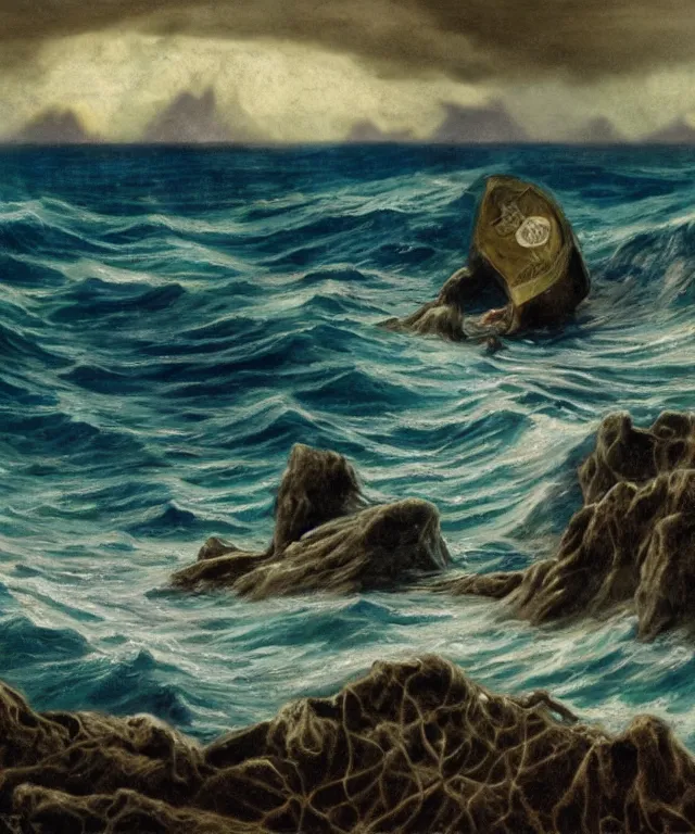 Prompt: photorealistic mixed - media of a 1 9 2 5 seiner sailing with the jamaican shoreline with the mouth of a sea cave at the waterline, dark, brooding, atmospheric, seascape, lovecraft, horror, smooth, epic, highly detailed, cinematic, by marianne north