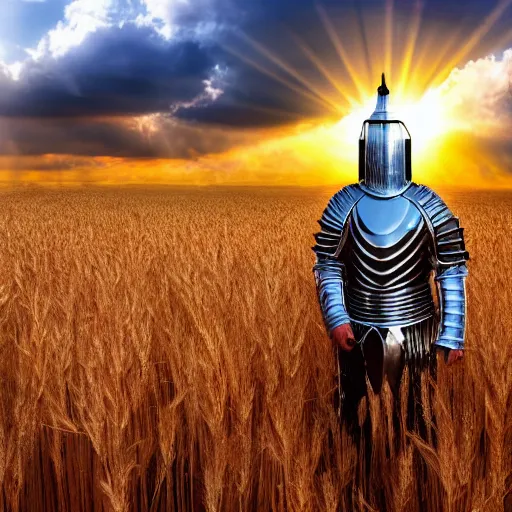 Image similar to a knight in armor standing in a wheat field at sunset with god rays of sun shining through clouds