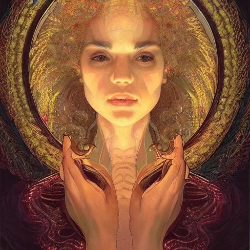 Image similar to symmetry!! portrait of a woman, cottagecore!!, mushroom head!! glowing lights!! intricate, fractal!!, elegant, highly detailed, digital painting, artstation, concept art, smooth, sharp focus, illustration, art by artgerm and greg rutkowski and alphonse mucha