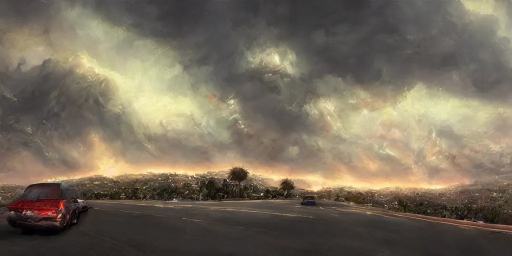 Image similar to a strong lovecratian monster attacks a rich los angeles suburb, matte painting trending on artstation, james gurney, view from a car, ominous sky