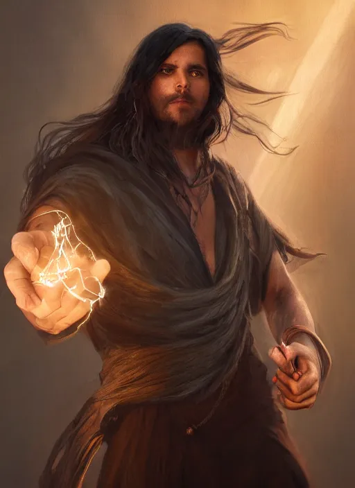 Image similar to portrait of a man with long black hair in brown rags holding a glowing device, fantasy, d & d, heartstone, digital painting, volumetric light, intricate, sharp, focus, bloom, illustration, highly detailed, concept art, matte, ruan jia, randy vargas, greg rutkowski