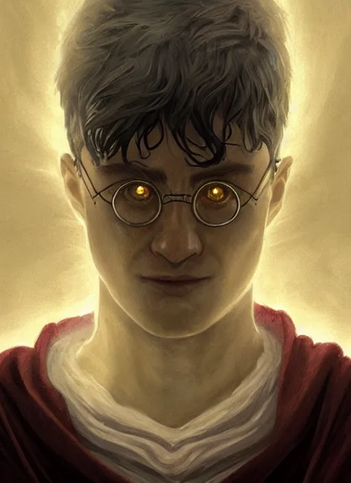Image similar to Portrait of Harry Potter, white glowing eyes, cloak, ethereal wings, male, fantasy, extremely detailed, digital painting, artstation, concept art, smooth, sharp focus, illustration, stunning lighting, art by artgerm and greg rutkowski and alphonse mucha and simon stalenhag, realistic character concept, high fantasy, light atmosphere, golden ratio, cinematic lighting, hyperdetailed, high resolution, insanely detailed and intricate, artstation, Marc Simonetti, Greg Rutkowski, 8k