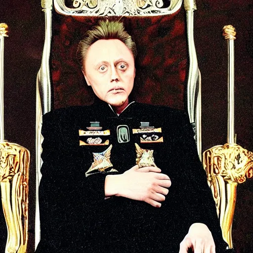 Image similar to Christopher Walken as a menacing space emperor seated on an ostentatious throne