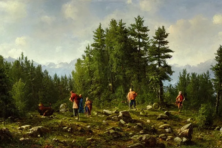 Prompt: Meeting of the Walking Castle and the Hut on Chicken Legs, Shishkin