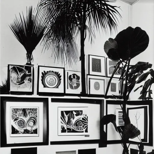 Image similar to A black and white photography in sérigraphie of an exhibition space with works of Sun Ra, Marcel Duchamp and tropical plants - W 1280