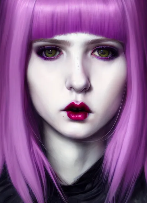 Image similar to portrait of white teenage girl, normal face, white bangs, mall goth, cyberlox, black and white hair, bangs, fluffy bangs, red contact lenses, purple lipstick, intricate, elegant, highly detailed, digital painting, artstation, concept art, sharp focus, smooth, illustration, art by wlop, mars ravelo and greg rutkowski