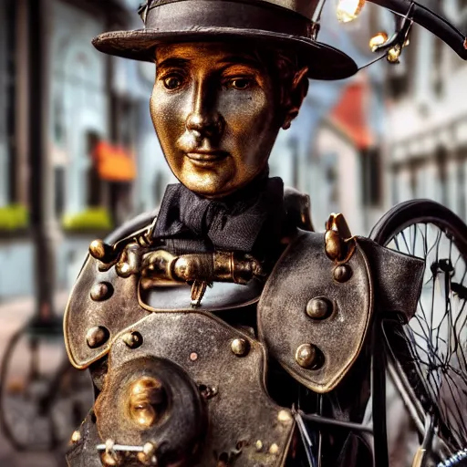 Image similar to close up portrait of a life size victorian steampunk automaton standing in with a bicycle, 8 k, soft lighting, highly detailed realistic, face in focus 1 8 9 0's liminal