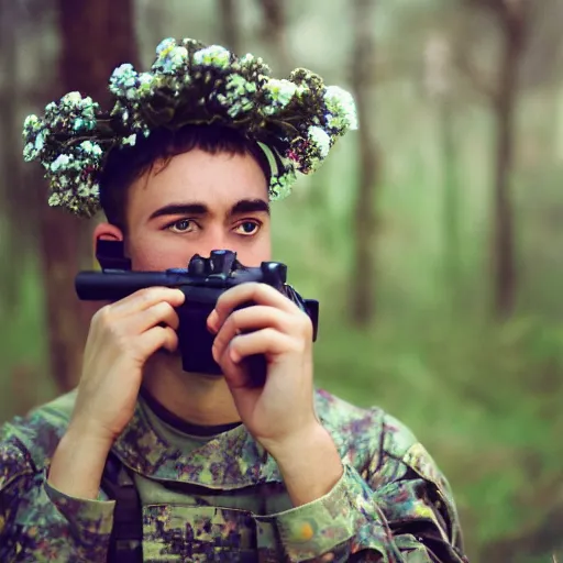 Image similar to close up kodak portra 4 0 0 photograph of a soldier in a flower crowd with ak - 4 7 in which the flowers after the battle standing in dark forest, flower crown, moody lighting, telephoto, blurry background, faded