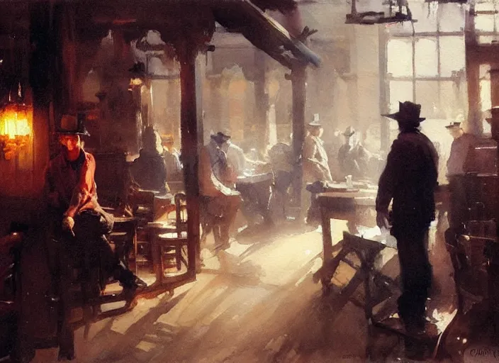 Prompt: oil watercolor painting of young guy in western bar, mysterious light, art by anders zorn, wonderful masterpiece by greg rutkowski, beautiful cinematic light, american romanticism by greg manchess, creation by tyler edlin