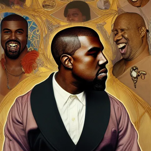 Prompt: a portrait of Kanye West, laughing at his own mirror reflection, detailed, digital painting, artstation, concept art, donato giancola, Dante Gabriel Rossetti, alphonse mucha, Joseph Christian Leyendecker, WLOP, Boris Vallejo, Annie Leibovitz and Steve McCurry, David Lazar, Jimmy Nelsson, Breathtaking, 8k resolution, extremely detailed, beautiful, artistic, hyperrealistic, octane render