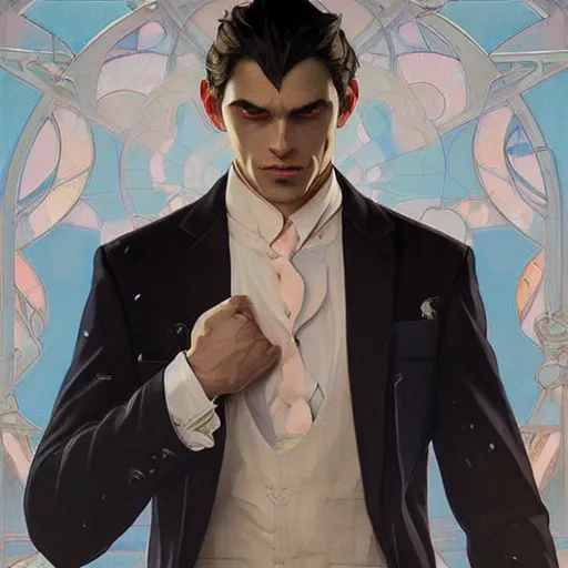 Prompt: character concept, wide angle, full body, symmetrical head - on centralized, young man with formal black suit. detailed, high quality, dynamic lightning, fantasy, scenematic. artwork by artgerm, wlop, alex ross, greg rutknowski, alphonse mucha