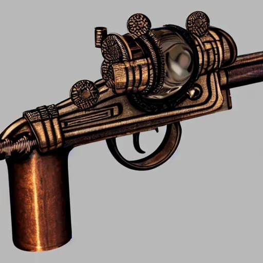 Prompt: a 3d design of a steampunk revolver