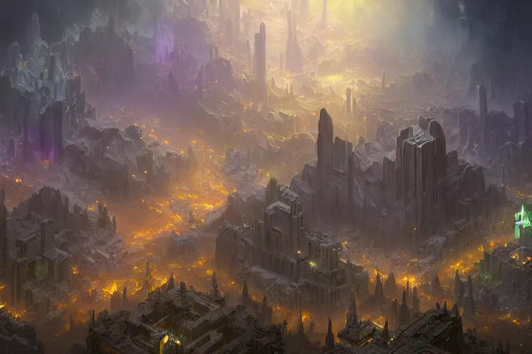 Image similar to an intricate matte painting of an epic galactic isometric megadungeon map played by the gods , highly detailed iridescent dimly lit exterior with shafts of iridescent light bouncing off magical realms, by Christophe Vacher and Bastien Lecouffe-Deharme, trending on artstation