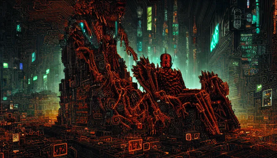 Prompt: highly detailed dark rotting god sitting on a throne of bodies, wires night, death, fear, horror, human robots, cyberpunk, cyberpunk futuristic neon, religion, in style of minecraft, by caravaggio, hyperrealism, detailed and intricate environment