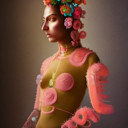 Prompt: a close - up shot of a brown woman wearing a luminous armor made of neon jelly fishes. extremely soft lighting. fragile. peach background. haunting eyes!! coherent face!! no makeup!! muted colors. by ray caesar. by louise dahl - wolfe. by andrea kowch. surreal photography