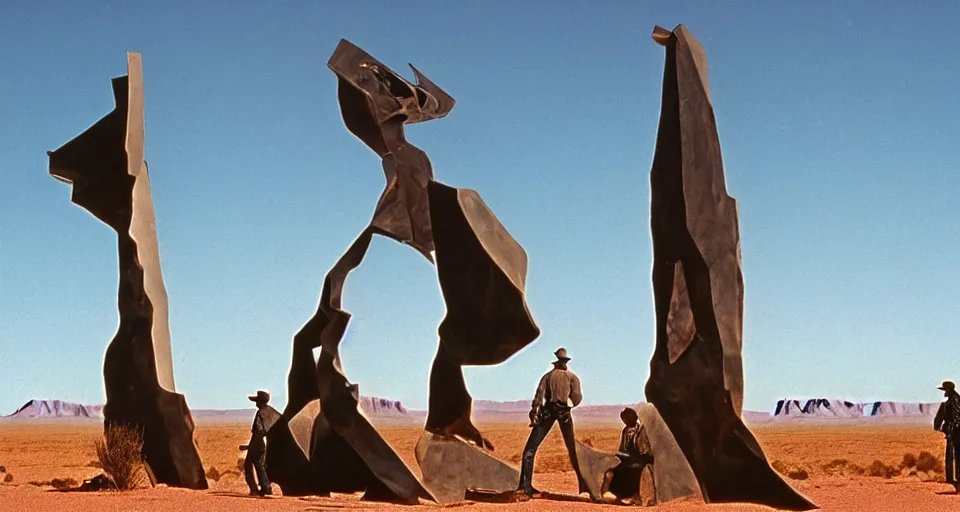 Image similar to film still showing cowboys looking at a gigantic abstract sculpture in the desert directed by Sergio Leone, western, monument valley, cinemascope, technicolor