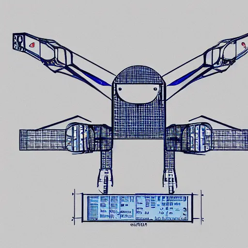 Prompt: blueprint of a flying bird - like robot with cameras for eyes.