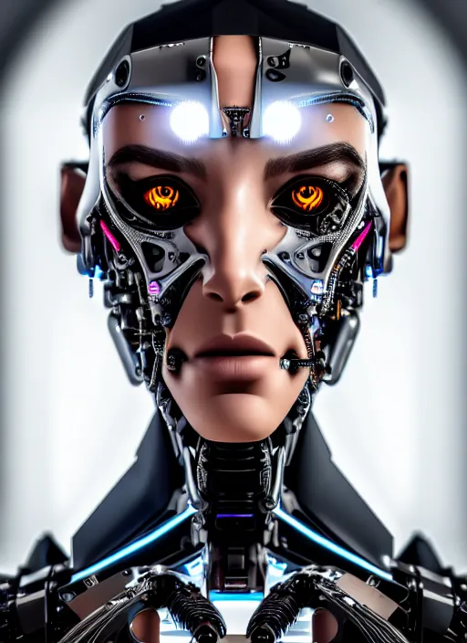 Image similar to a stunning young female cyborg profile face, face is made intricate tribal bio - mechanical, unreal engine, glamor shot, nikon d 7 5 0, closeup, f / 2. 8, low contrast, 1 6 k, rim lighting, optical fiber, cinematic lighting, insanely detailed and intricate, hypermaximalist, elegant, ornate, hyper realistic,