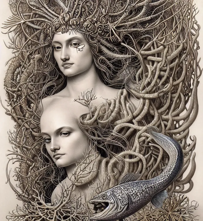 Image similar to realistic detailed underwater portrait of the goddess of the fish of the three times with an intricate headdress of corals, sea kelp, sea plants, fish, jellyfish, art by boris vallejo and ernst haeckel, face in focus in the middle, neo - gothic, gothic,