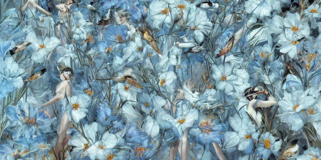 Image similar to breathtaking detailed concept art painting art deco pattern of faces goddesses amalmation light - blue flowers with anxious piercing eyes and blend of flowers and birds, by hsiao - ron cheng and john james audubon, bizarre compositions, exquisite detail, extremely moody lighting, 8 k