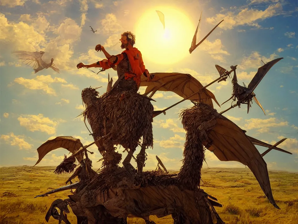 Image similar to portrait of don quixote sitting on a pterodactyl, windmill, summer, sun in the zenith, digital art, highly detailed, stunning scene, realism, stunning scene, bright colors, trending on artstation, masterpiece