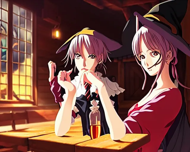 Image similar to key anime visual portrait of a young female witch in a tavern interior defending a companion, dynamic pose, dynamic perspective, cinematic, dramatic lighting.