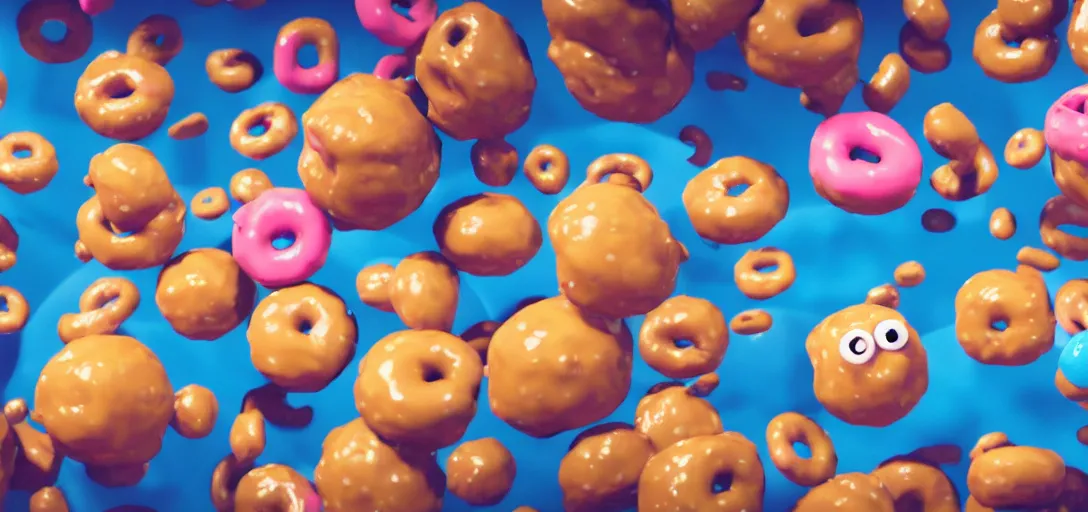 Image similar to screenshot from the movie \ cloudy with a chance of meatballs. \. turbulent sea of donuts. claymation. diorama. dutch angle. digital art. colorful. render. 4 k. 8 k. trending. wallpaper.