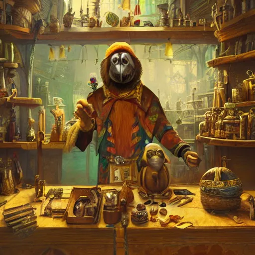 Image similar to A Anthropomorphized parrot trader in his shop, selling his wares, portrait, items, gold, carpet, window, sly expression, cunning expression, D&D, fantasy, intricate, cinematic lighting, highly detailed, digital painting, artstation, concept art, smooth, sharp focus, illustration, art by Greg Rutkowski