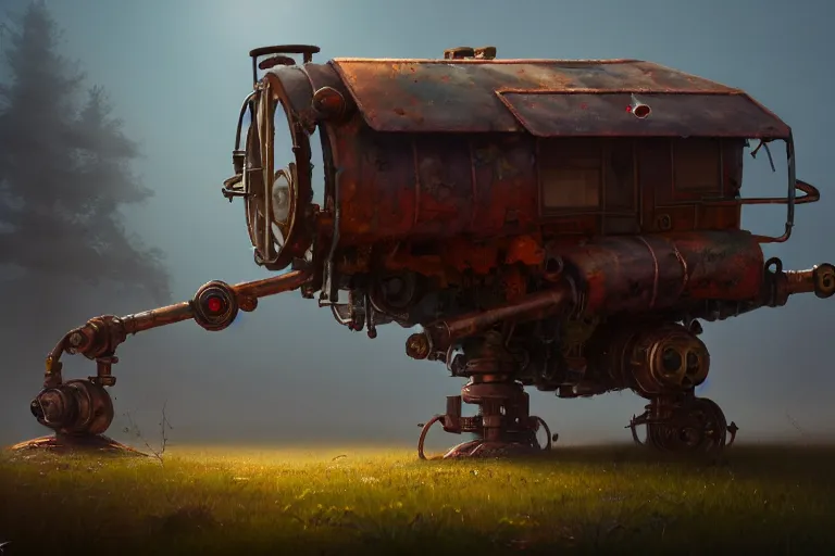 Image similar to a walking magic house with two mechanical legs, rust, hyperrealistic, highly detailed, cinematic, single ray of sun, fog, beautiful, cgssociety, artstation, 8 k, oil painting