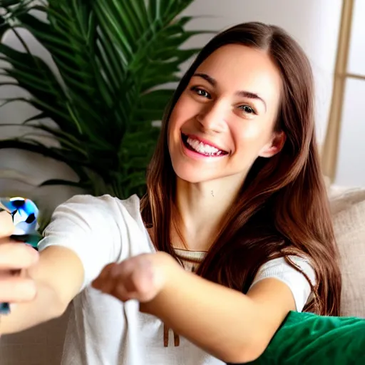 Image similar to Selfie photograph of a cute young woman smiling, long shiny bronze brown hair, full round face, emerald green eyes, medium skin tone, light cute freckles, smiling softly, wearing casual clothing, relaxing on a modern couch, interior lighting, cozy living room background, close-up shot, professional photography