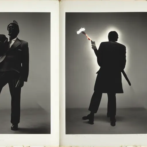 Image similar to one man lights a cigarette from the second man's lighter by Irving Penn