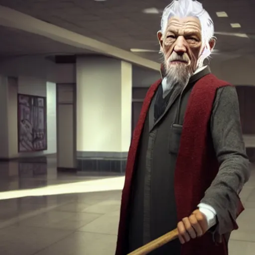 Image similar to Ian McKellen dressed as an evil wizard, holding walking stick, standing in lobby of office building, style of GTA V, octane render