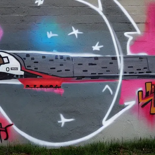 Prompt: space shuttle spray painted on brick wall, graffiti, street art,