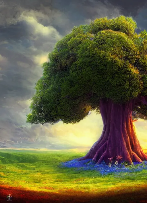 Prompt: giant azure tree in the distance, fields in foreground, magical, fantasy, concept art, digital art, colorful, divine, massive scale