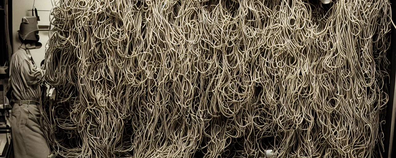 Image similar to taxidermized, a large computer server room overflowing with spaghetti, 5 0 mm, 1. 8 aperture, cinematic lighting, photography, retro, film, kodachrome, closeup