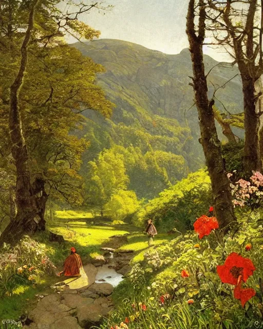 Image similar to detailed painting of a beautiful glen, untouched by humans for years, with a brooding fairy inside it. sunlight beams down on the scene and you can tell it is spring from the flowers. perhaps a party of adventurers or a lone traveler is entering the scene from the a path. by norman rockwell